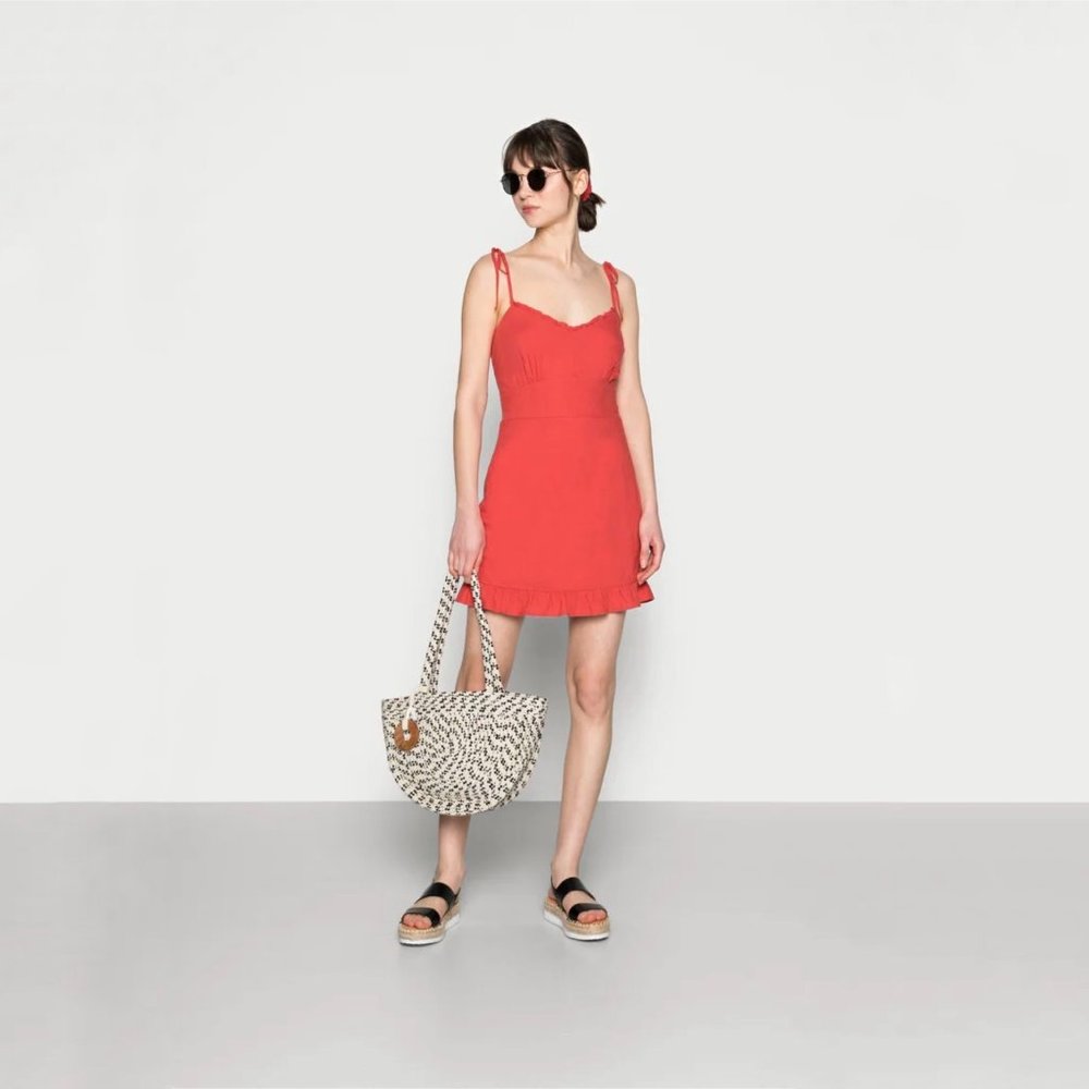 Abercrombie & Fitch Tie Strap Slim Waist Linen Blend Red Mini Dress Size S NWT